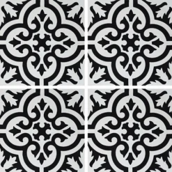 Carreau De Ciment Motif Ancien Floral Noir Et Blanc 20x20 Cm Ref7900-7 - 0.48m²