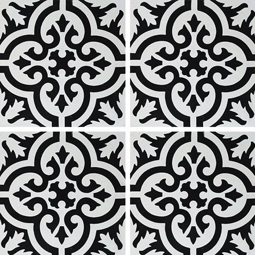 Carreau De Ciment Motif Ancien Floral Noir Et Blanc 20x20 Cm Ref7900-7 - 0.48m²