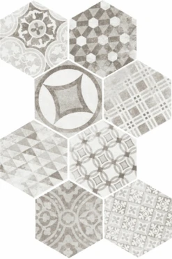 Carrelage Tomette Décoré 17.5x20 - HEXATILE GARDEN GREY - 22099 R10 - 0.71m²